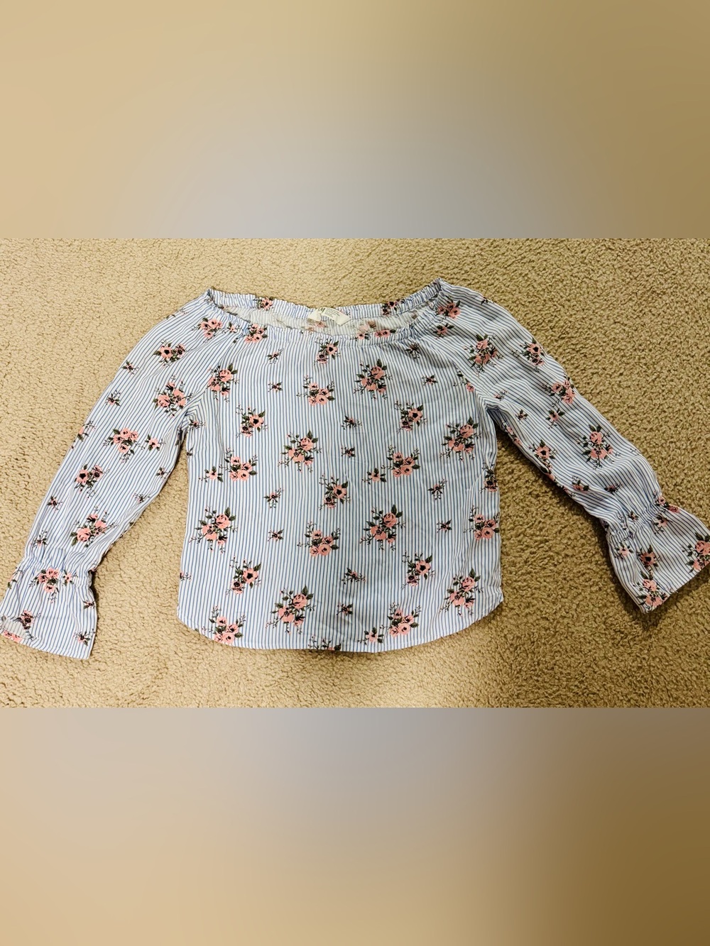 H&M Blue Striped Off-Shoulder Top with Pink Floral Print